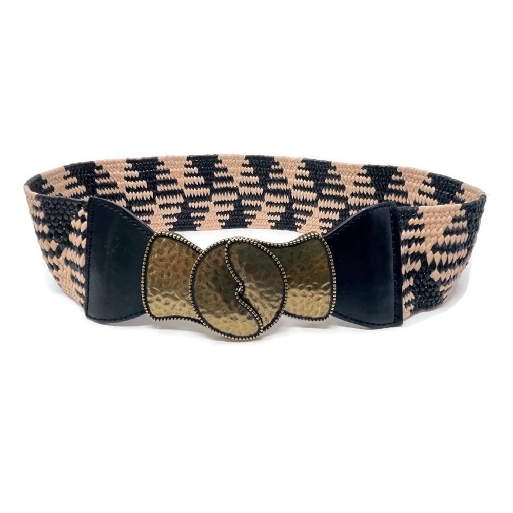 Vintage Wearable Art Boho Brass, Black & Cream Woven & Leather Statement Belt